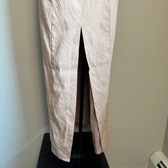 Zara Lattice Tie Back Linen Blend Midi Dress Beige/Tan Medium High Slit Cocktail - Picture 4 of 16